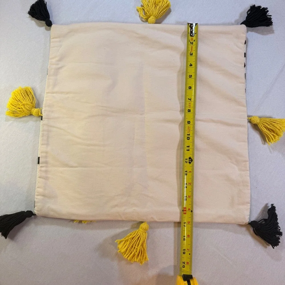 Throw Pillow Cover 18x18 White Yellow Black Tassels Geometric Tufted Boho